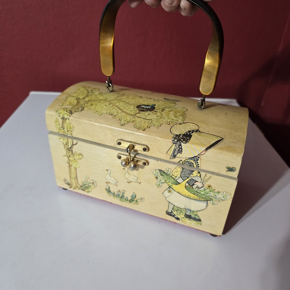 Vintage Wooden Purse Lucite Handle Kara Lee Flowers box purse‎ handbag